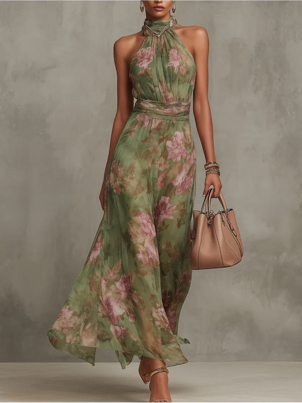 Green Floral Halter Maxi Dress - Elegant Women’s Summer Dress